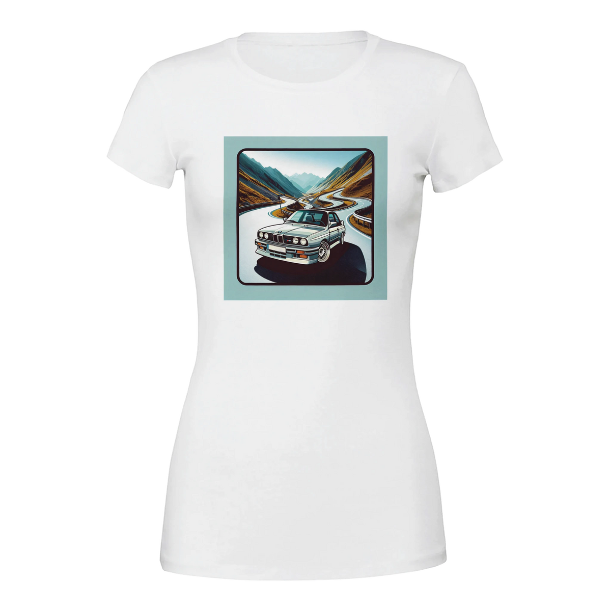 Curvy Bavarian women's T-shirt with retro Alpine-road artwork