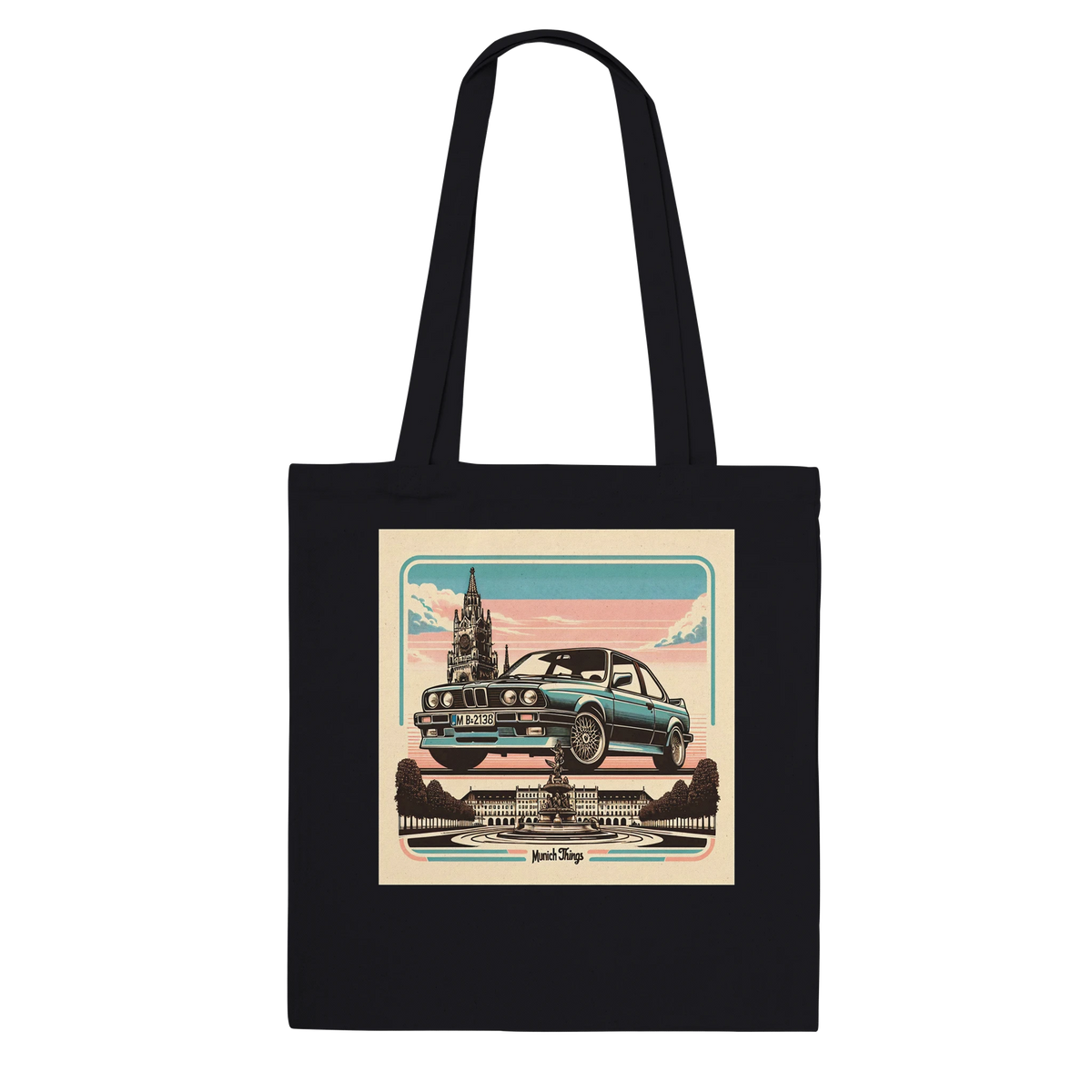 Streets of Munich tote bag with retro Munich and classic-car artwork