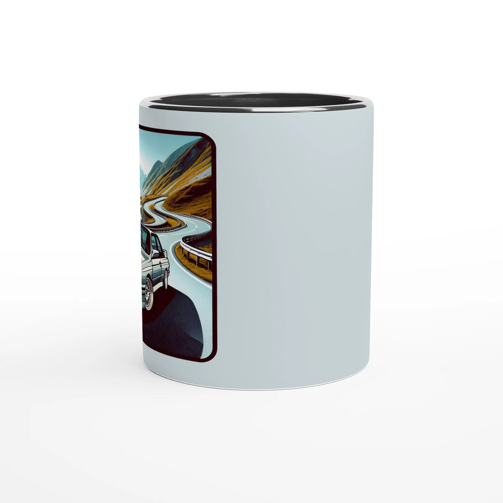 Curvy Bavarian ceramic mug with Alpine-road artwork and black interior