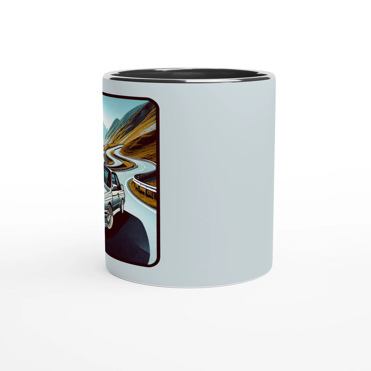 Curvy Bavarian ceramic mug with Alpine-road artwork and black interior