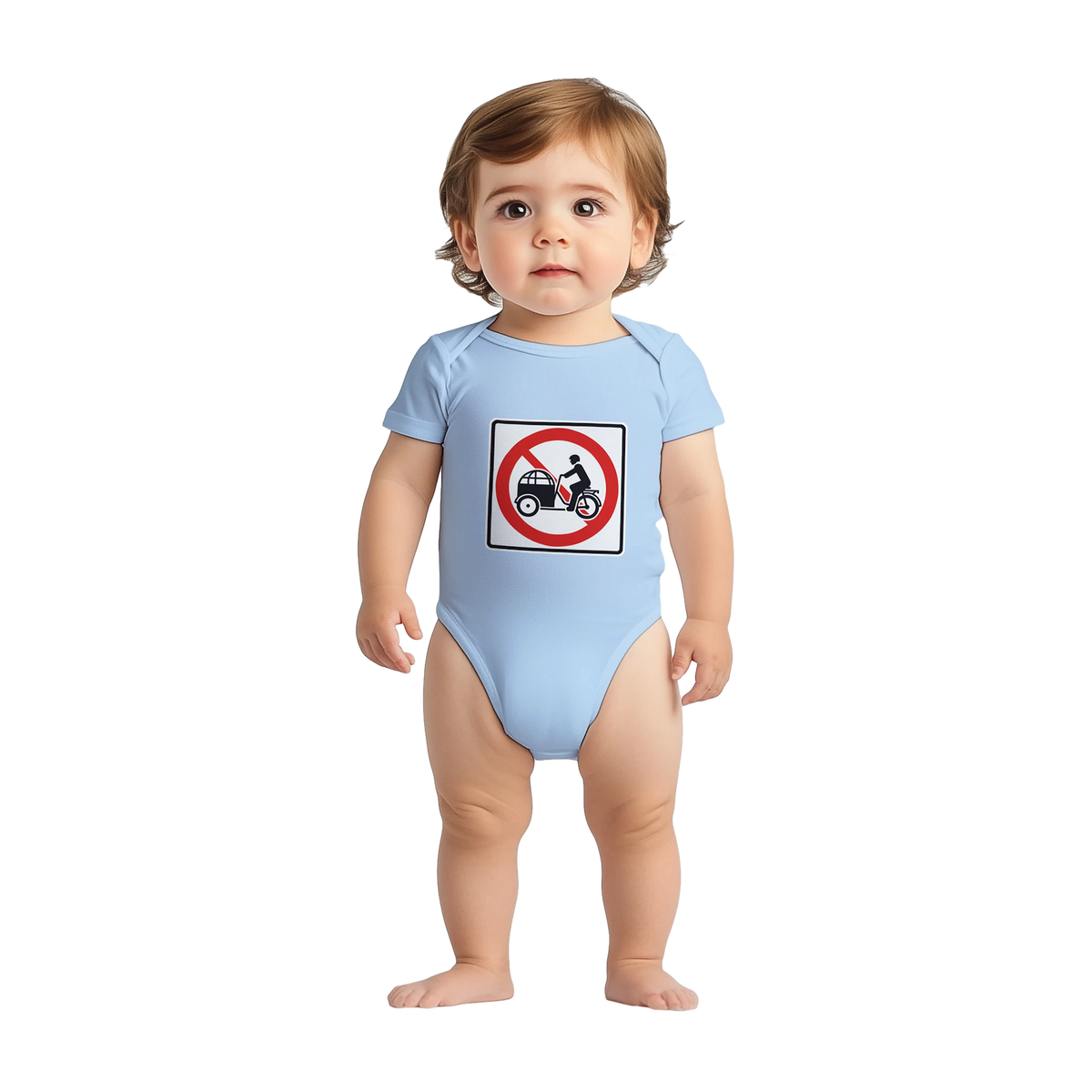 Say No to Lastenfahrrad short-sleeve baby bodysuit with car-culture artwork