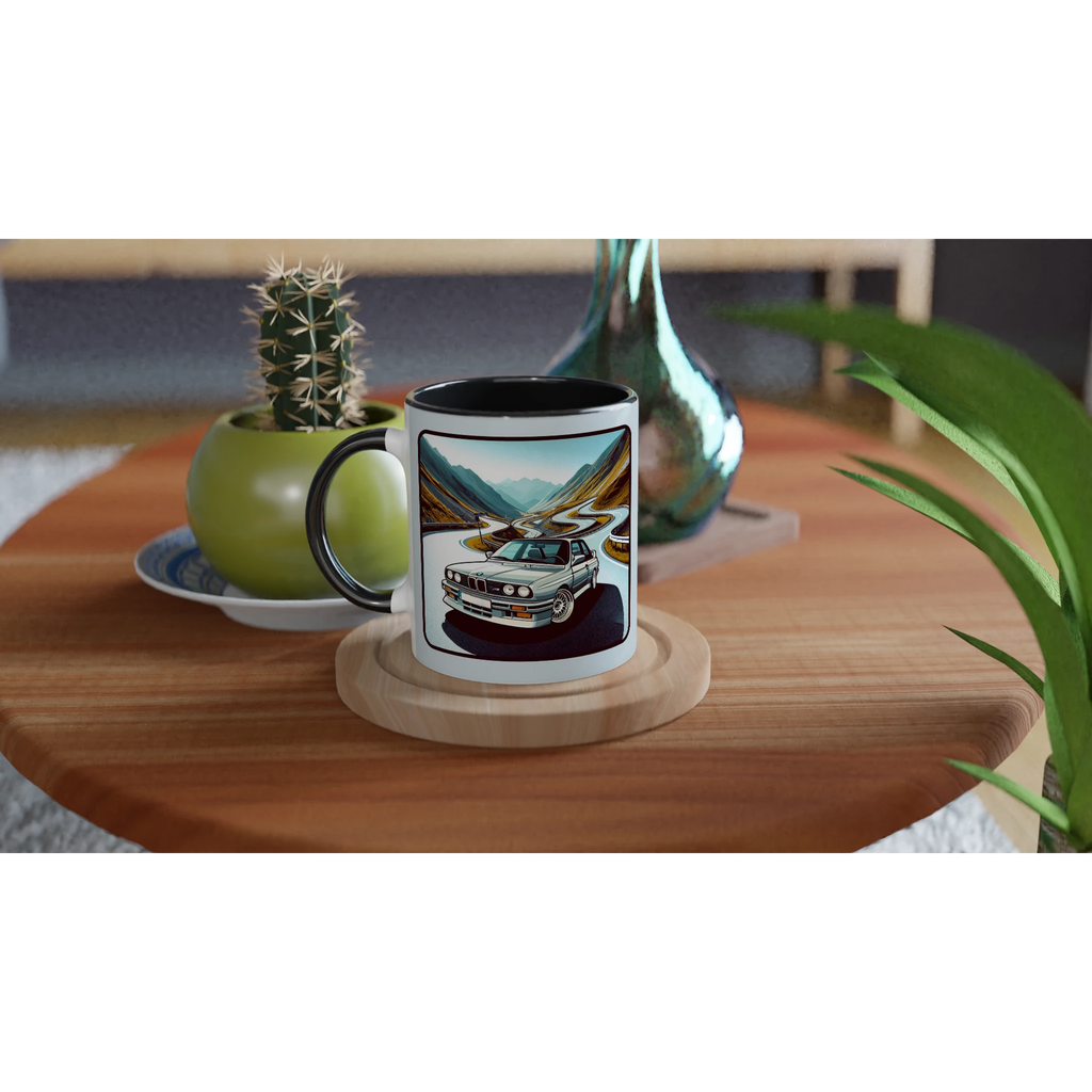 Curvy Bavarian ceramic mug with Alpine-road artwork and black interior
