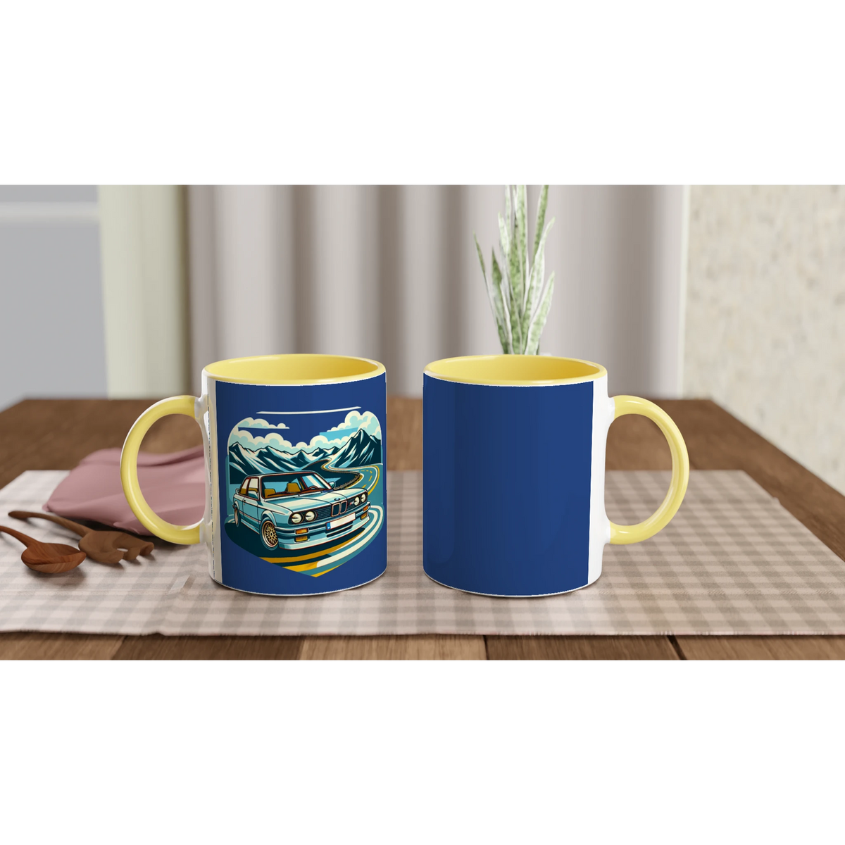 Curvy Bavarian ceramic mug with retro Alpine-road artwork