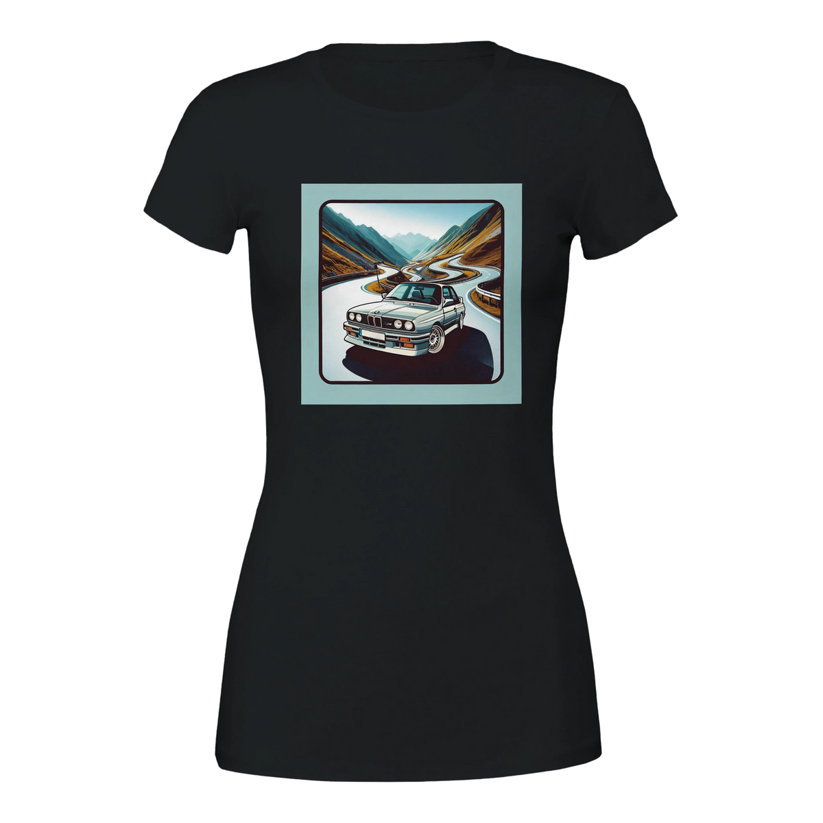 Curvy Bavarian women's T-shirt with retro Alpine-road artwork