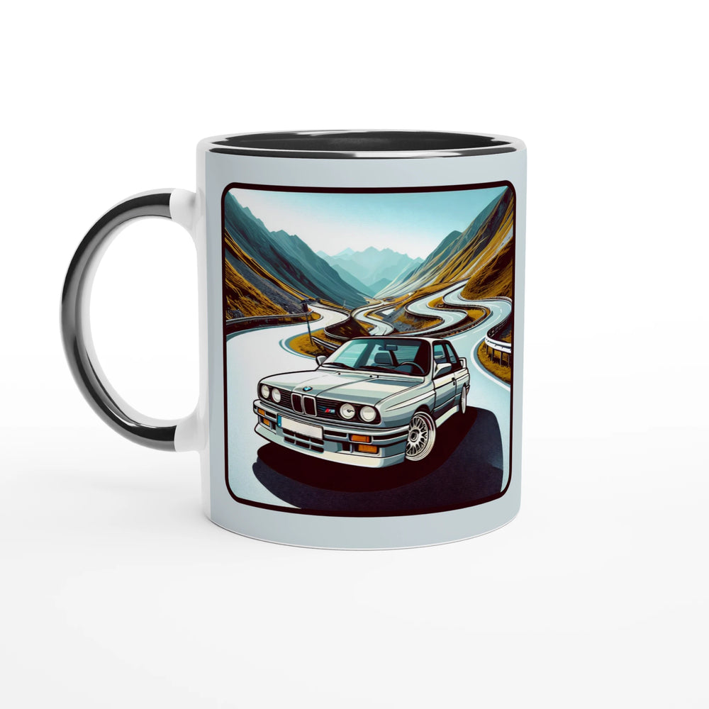 Curvy Bavarian ceramic mug with Alpine-road artwork and black interior