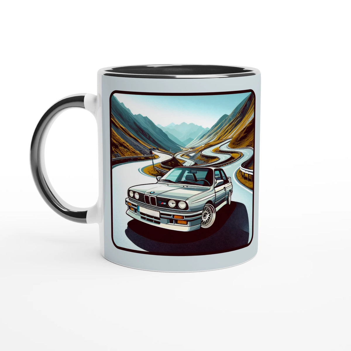 Curvy Bavarian ceramic mug with Alpine-road artwork and black interior