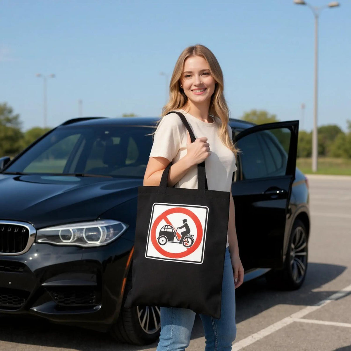 Say No to Lastenfahrrad tote bag with prohibition-sign artwork