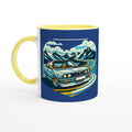 Curvy Bavarian ceramic mug with retro Alpine-road artwork