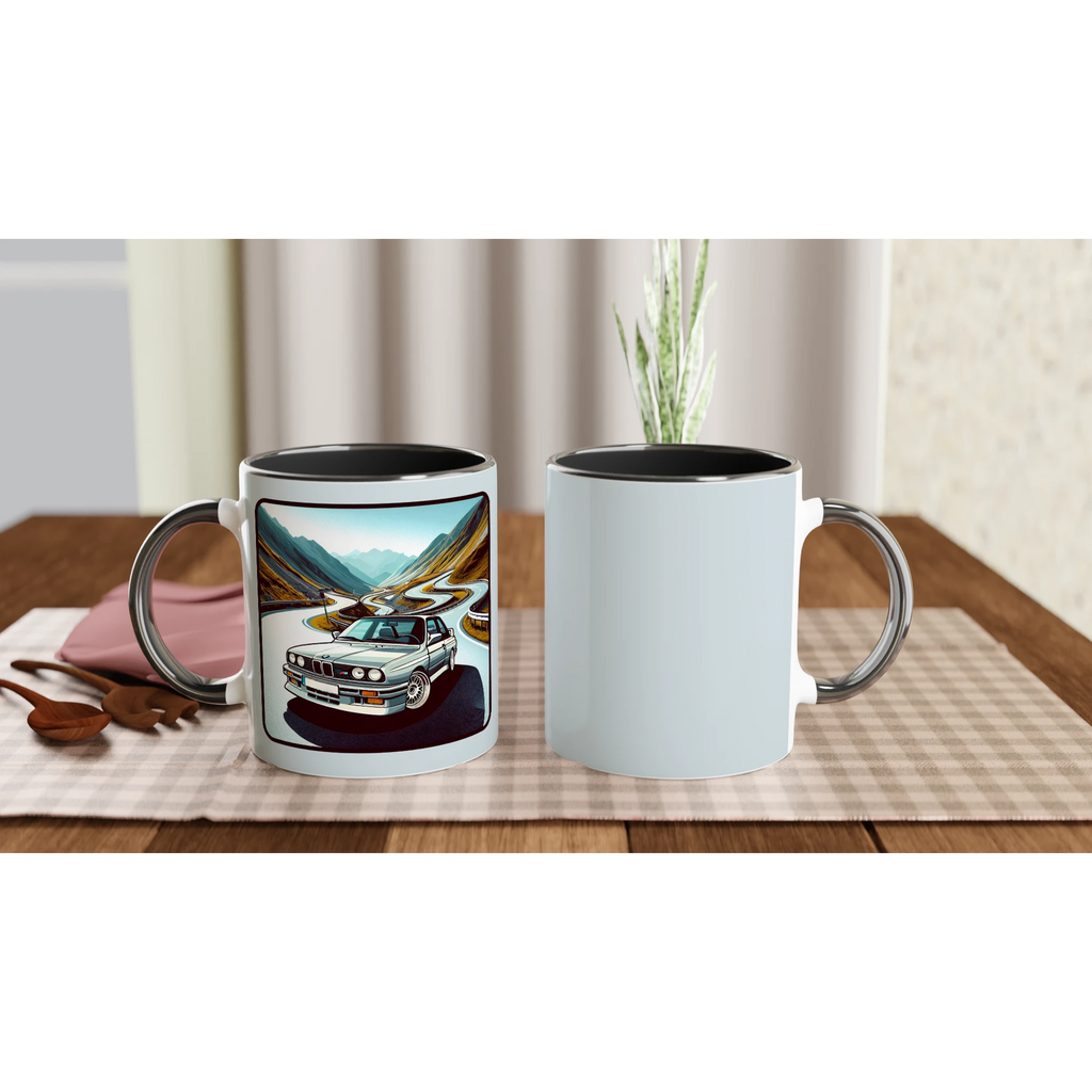 Curvy Bavarian ceramic mug with Alpine-road artwork and black interior
