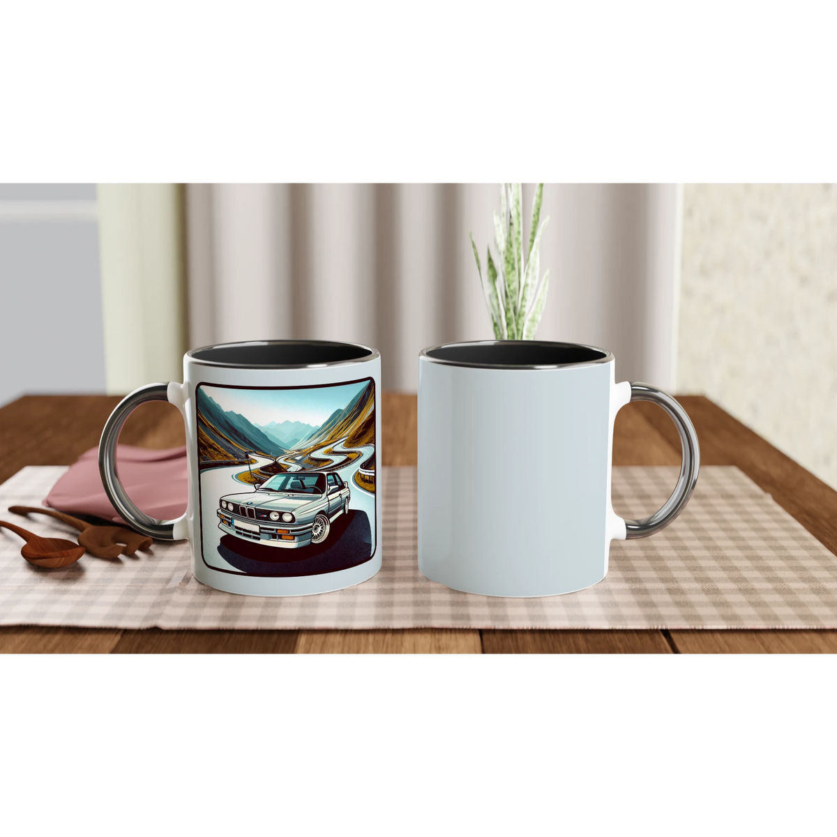 Curvy Bavarian ceramic mug with Alpine-road artwork and black interior