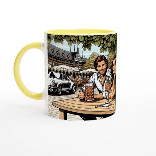 Biergarten Schnell ceramic mug with retro beer-garden and car artwork