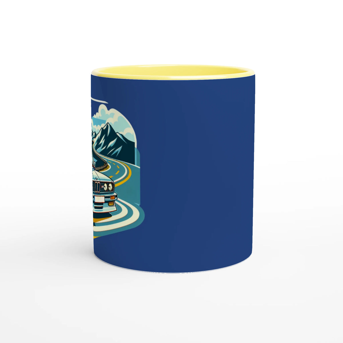 Curvy Bavarian ceramic mug with retro Alpine-road artwork