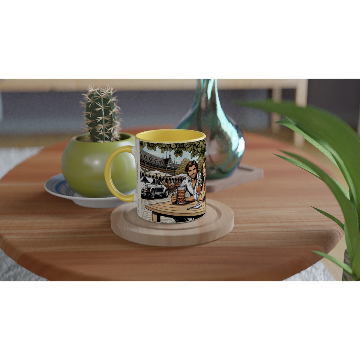 Biergarten Schnell ceramic mug with retro beer-garden and car artwork