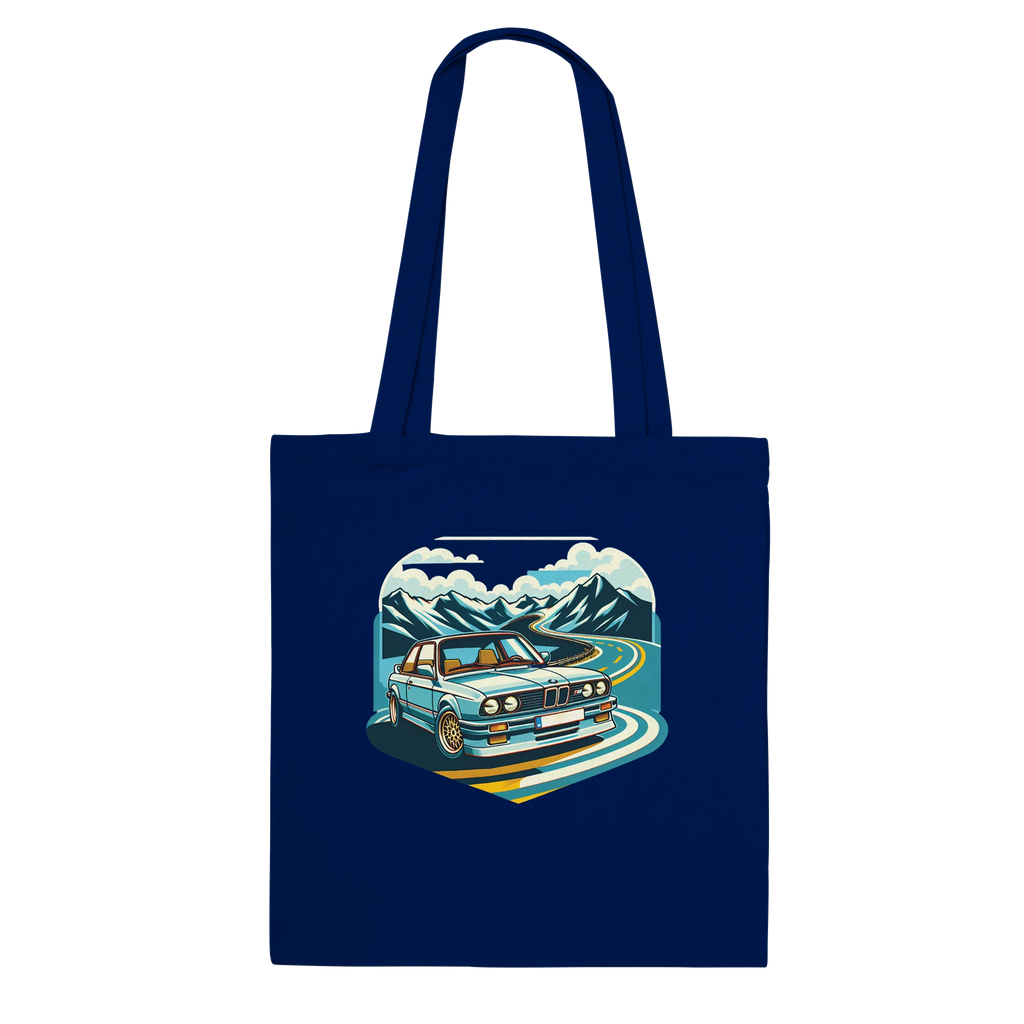 Curvy Bavarians tote bag with retro Alpine-road artwork