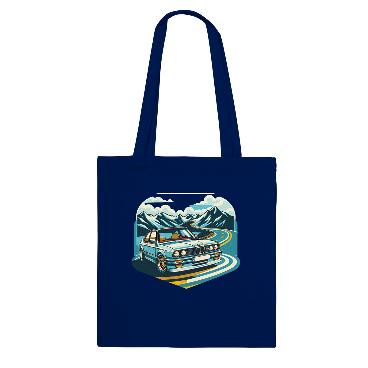 Curvy Bavarians tote bag with retro Alpine-road artwork