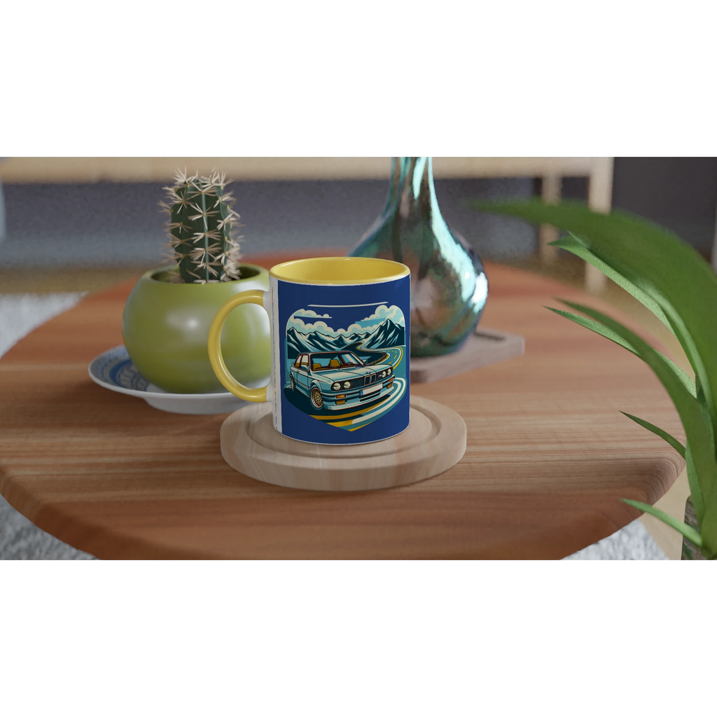 Curvy Bavarian ceramic mug with retro Alpine-road artwork