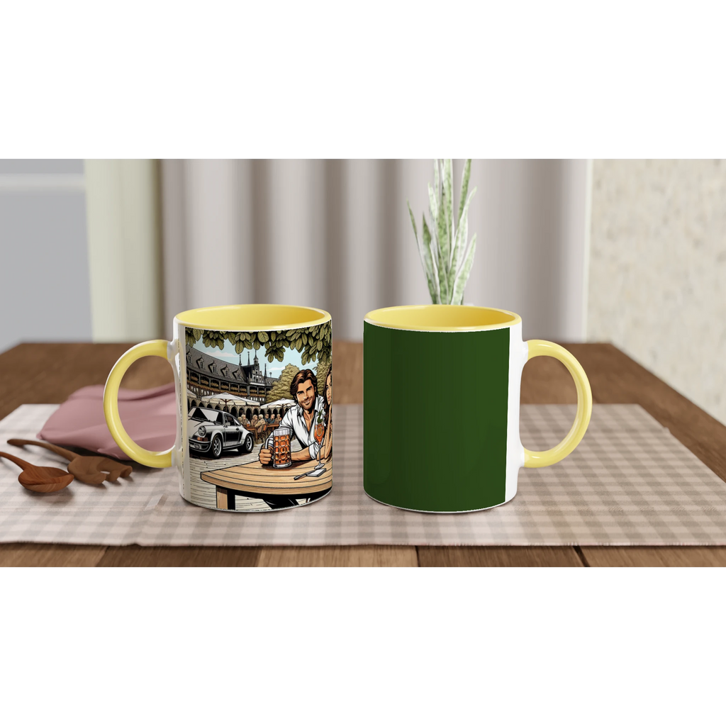 Biergarten Schnell ceramic mug with retro beer-garden and car artwork