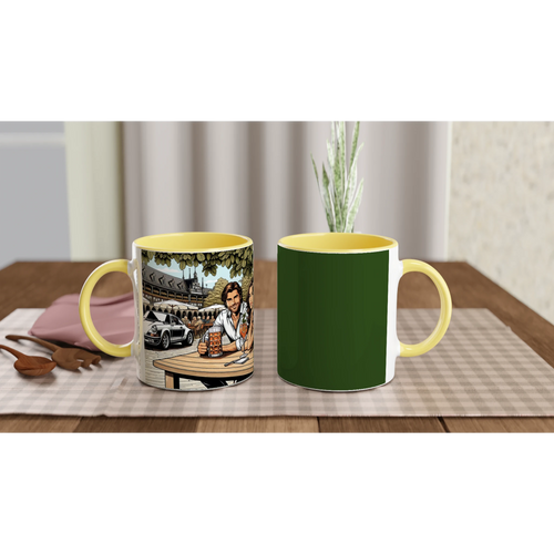 Biergarten Schnell ceramic mug with retro beer-garden and car artwork