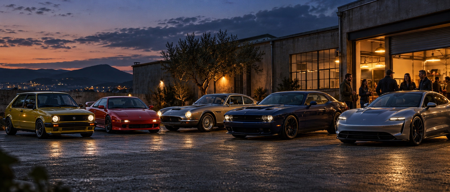 Illustrative gathering of a classic hatchback, Japanese-style coupe, grand tourer, muscle car and modern electric sports car